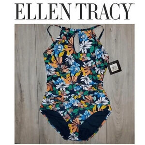 Ellen Tracy SZ 8 Navy Keyhole High-Neck Swimsuit